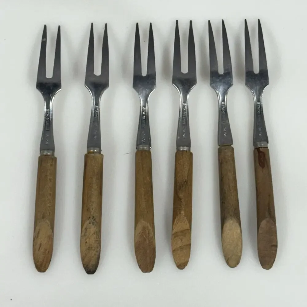 Vintage Cocktail Appetizer Forks Stainless Japan Wood Handle Set of 6